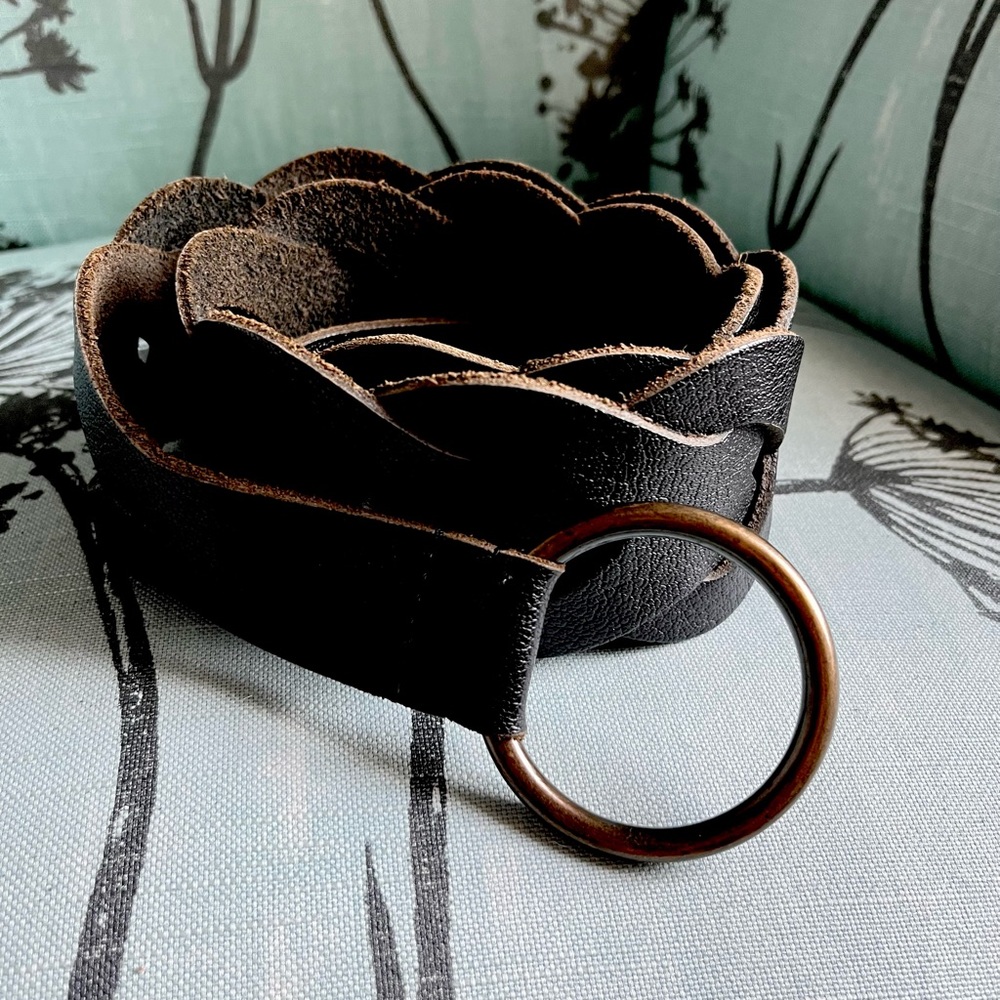 Vintage 90’s Black Leather Wide Belt Hip Woven Womens M/L   3"wide